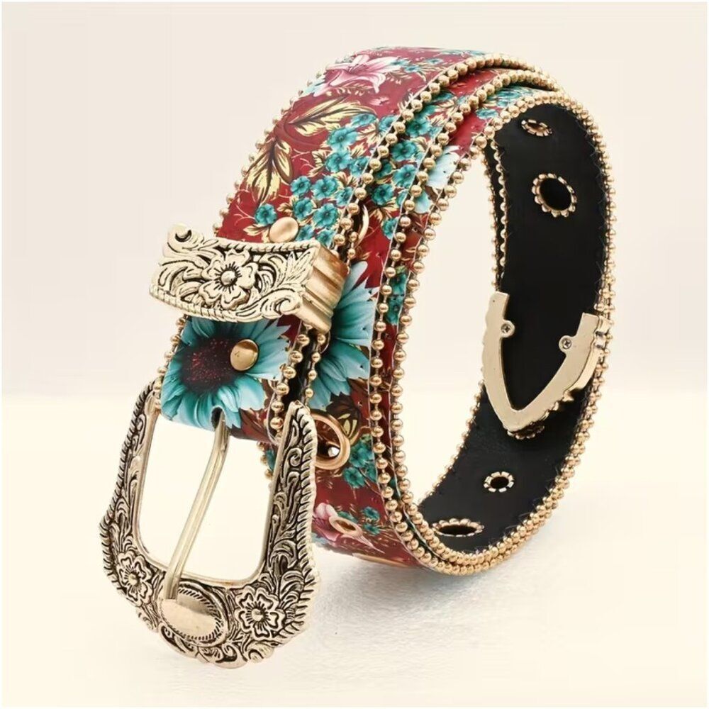 Vintage Style Floral Western Belt Boho Cowgirl Gold Engraved Carved Buckle S - Picture 7 of 7